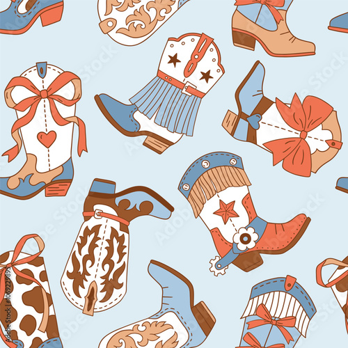 Seamless vector pattern with western cowgirl boots. Hand drawn girly rodeo background. EPS 10 vector file. Perfect for textile, wallpaper or nursery print design.