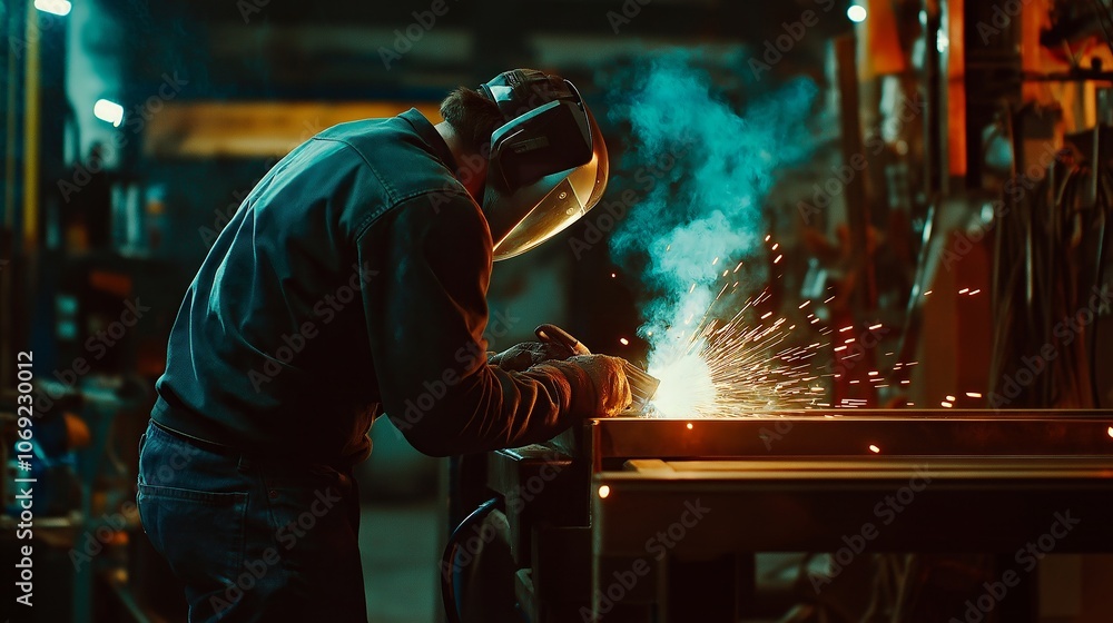 Welders weld metal in a factory Welders weld metal in a factory