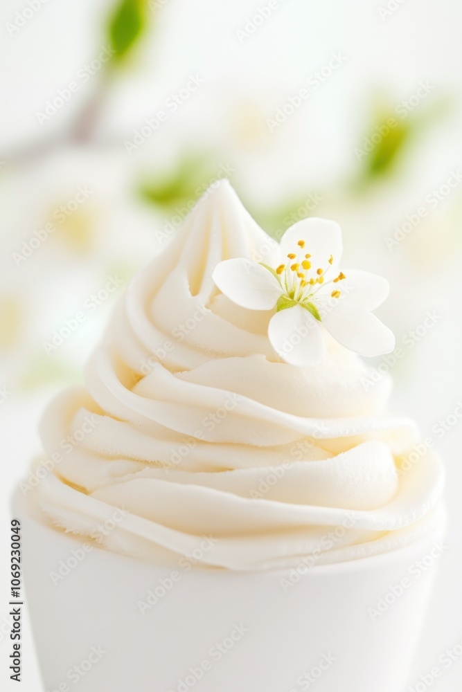 Delicate white flower blooming on a creamy dessert Delicate white flower blooming on a creamy dessert