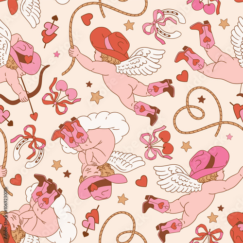 Wallpaper Mural Seamless vector pattern with Valentine cupid in western cowboy boots. Hand drawn cute angel background. EPS 10 vector file. Perfect for textile, wallpaper or nursery print design. Torontodigital.ca