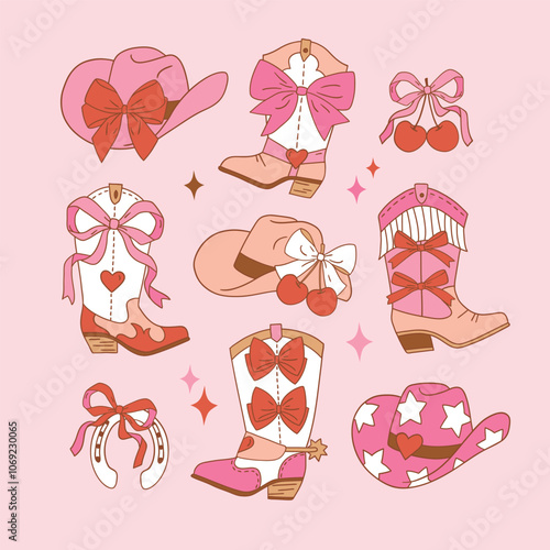 Wallpaper Mural Set of western cowgirl boots and hats with bow. Hand drawn romantic girly Valentine’s Day clipart. Perfect for tee shirt logo, greeting card, poster or nursery print design. EPS 10 vector file. Torontodigital.ca