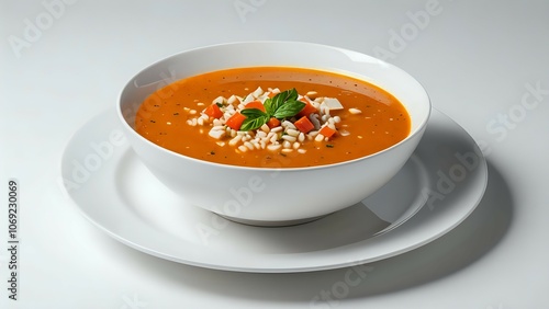 A bowl of creamy, orange soup with white rice and chopped carrots.