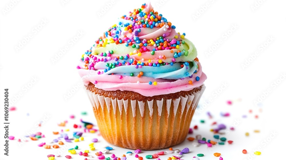 Colorful frosted cupcake with sprinkles on white Colorful frosted cupcake with sprinkles on white