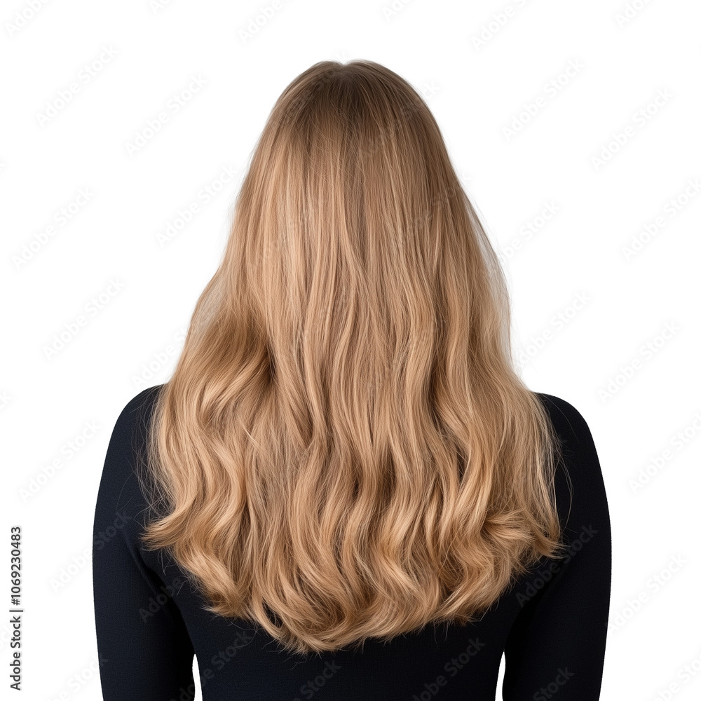 Fototapeta premium Woman with long blonde wavy hair, back view on transparent background