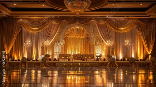 A magnificent gold stage adorned with glittering lights and luxurious decorations