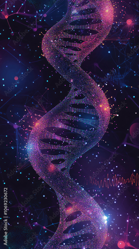 Glowing dna strand rotating on abstract background with network connection, concept of science and genetic engineering Glowing dna strand rotating on abstract background with network connection, concept of science and genetic engineering