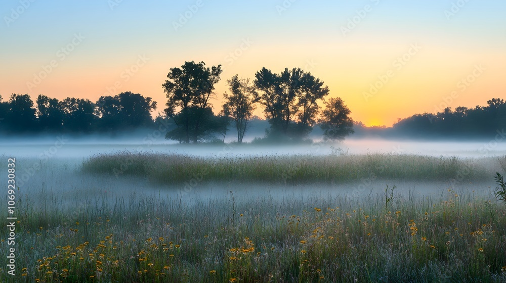 Quiet meadow at dawn with dew-covered grass, wildflowers, and the first rays of sunlight piercing through the gentle mist. The scene evokes tranquility and the fresh start of a new day. Quiet meadow at dawn with dew-covered grass, wildflowers, and the first rays of sunlight piercing through the gentle mist. The scene evokes tranquility and the fresh start of a new day.