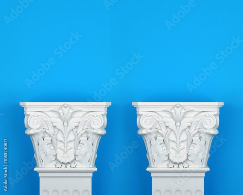 A pair of classic white columns with decorative capitals stand against a bright blue wall, creating a clean and elegant backdrop for your product or design. 3d rendering