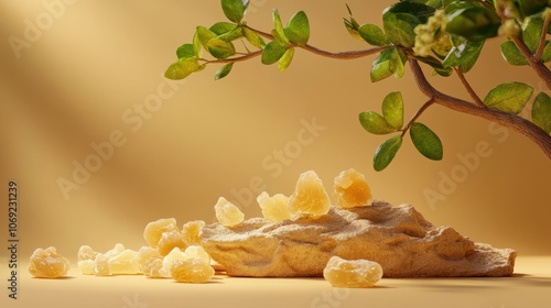 frankincense with resin pieces and frankincense tree branches against an isolated soft brown background photo