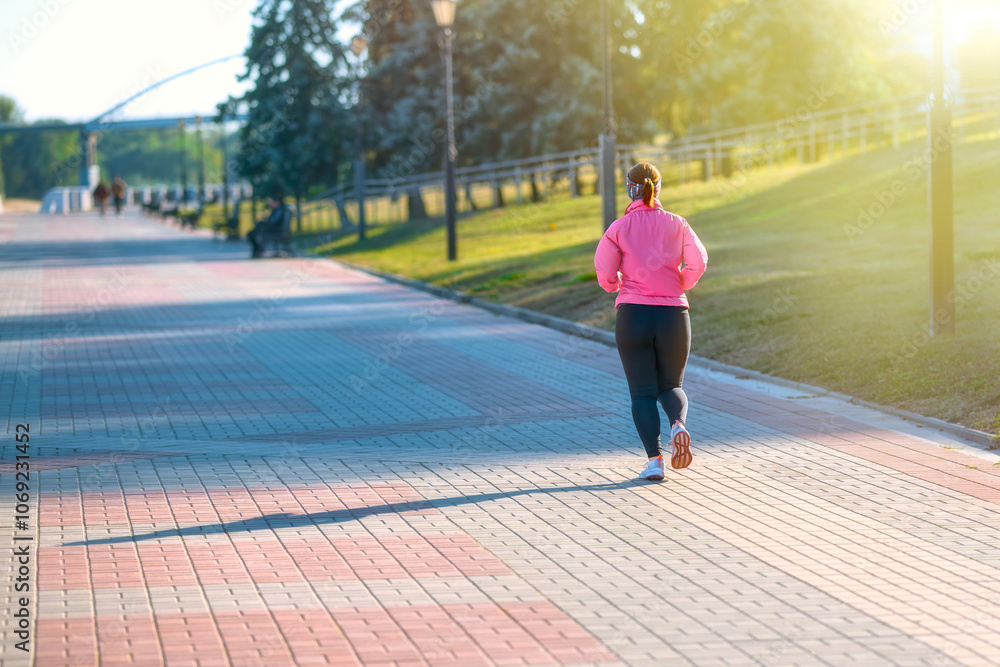 Fototapeta premium A woman in athletic gear runs along a cobbled embankment on a sunny summer day. Light jogging to stay in shape.