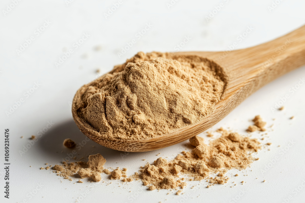Maca powder elegantly poured into a wooden spoon on a clean white surface, highlighting its earthy tones and texture. Maca powder elegantly poured into a wooden spoon on a clean white surface, highlighting its earthy tones and texture.