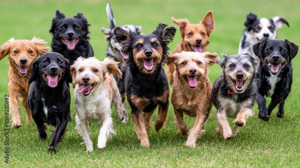Obraz premium Group of happy dogs running together on grass