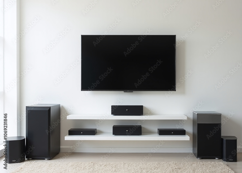 A compact home theater system is installed on a white wall with a large screen and various audio equipment nearby A compact home theater system is installed on a white wall with a large screen and various audio equipment nearby