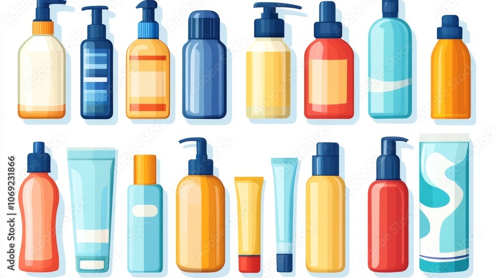 Vector illustration of various skincare bottles and containers representing diversity packaging and the importance of personalized skincare routines for different skin types and needs Vector illustration of various skincare bottles and containers representing diversity packaging and the importance of personalized skincare routines for different skin types and needs