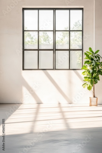 Bright and airy modern interior with large windows and potted plant