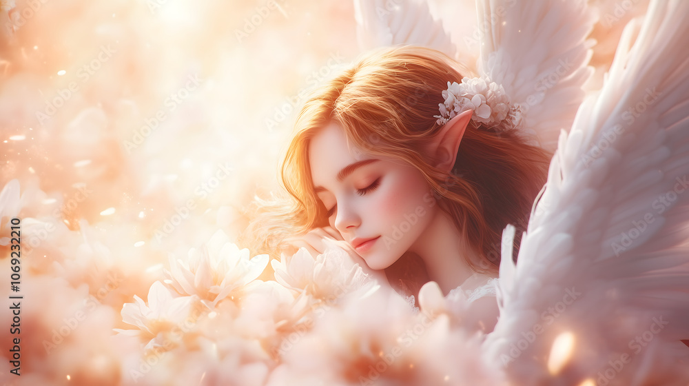 A beautiful fairy with delicate wings peacefully rests in a lush garden filled with vibrant flowers. The soft glow of twilight enhances the enchanting atmosphere of the scene. A beautiful fairy with delicate wings peacefully rests in a lush garden filled with vibrant flowers. The soft glow of twilight enhances the enchanting atmosphere of the scene.