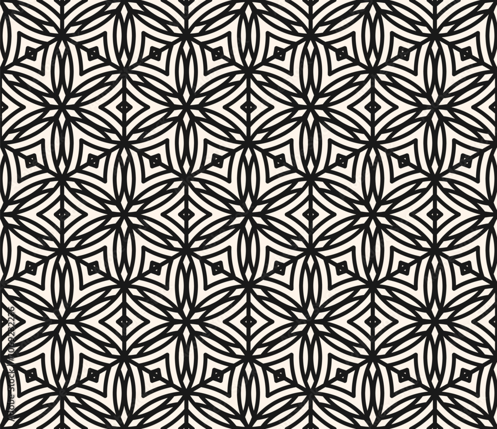 Black and white geometric seamless pattern with floral silhouettes, leaves, stars, hexagonal grid, curved lines. Monochrome abstract texture. Vector ornamental background. Modern repeated geo design Black and white geometric seamless pattern with floral silhouettes, leaves, stars, hexagonal grid, curved lines. Monochrome abstract texture. Vector ornamental background. Modern repeated geo design