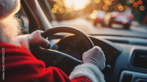 Wallpaper Mural Santa driving during the festive season, navigating a city street illuminated by holiday lights at sunset Torontodigital.ca