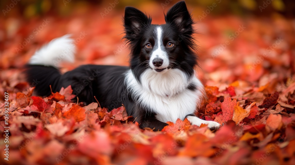 Border collie lying on vibrant autumn leaves Border collie lying on vibrant autumn leaves