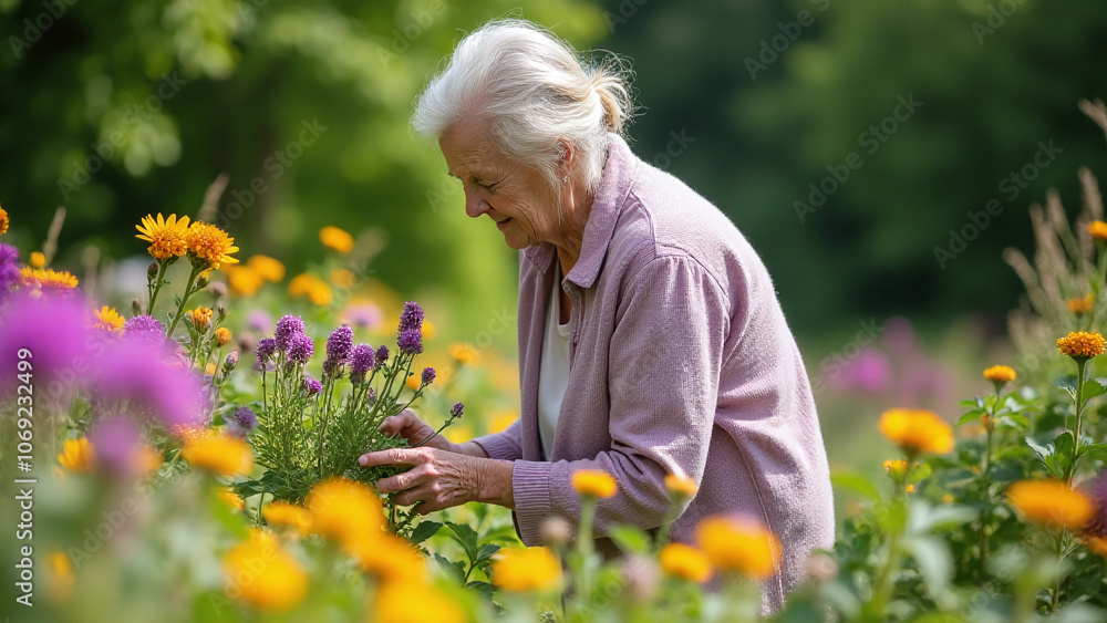 A elderly woman tends lovingly to her own tranquil garden surrounded by vibrant flowers and lush greenery on a sunny afternoon