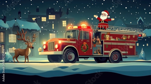 Santa Claus on a festive fire truck spreading holiday cheer in a snowy neighborhood at night