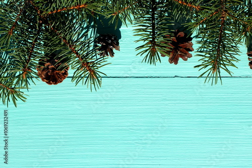 Fir branches lie on a turquoise wooden background.	 photo