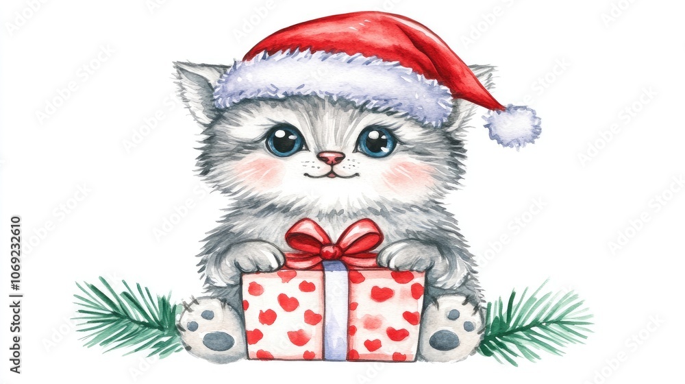 Adorable Kitten in Santa Hat with Gift Box Adorable Kitten in Santa Hat with Gift Box