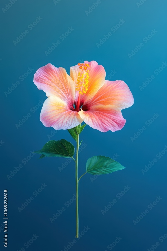 Obraz premium Vibrant pink and yellow hibiscus flower against a deep blue background
