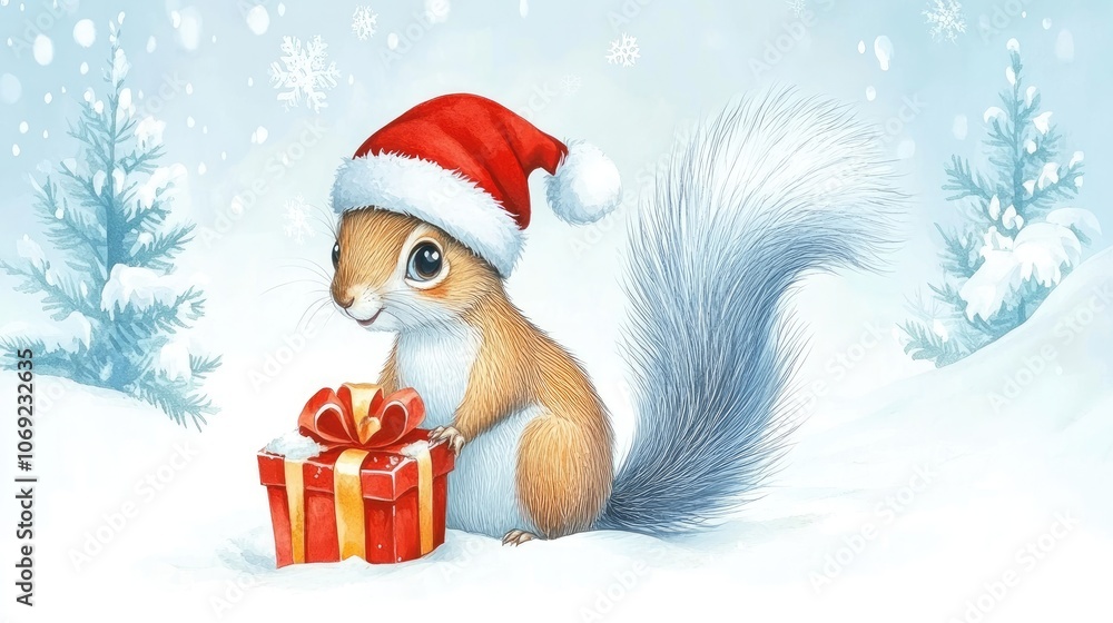 Squirrel in Santa Hat with Christmas Gift Squirrel in Santa Hat with Christmas Gift