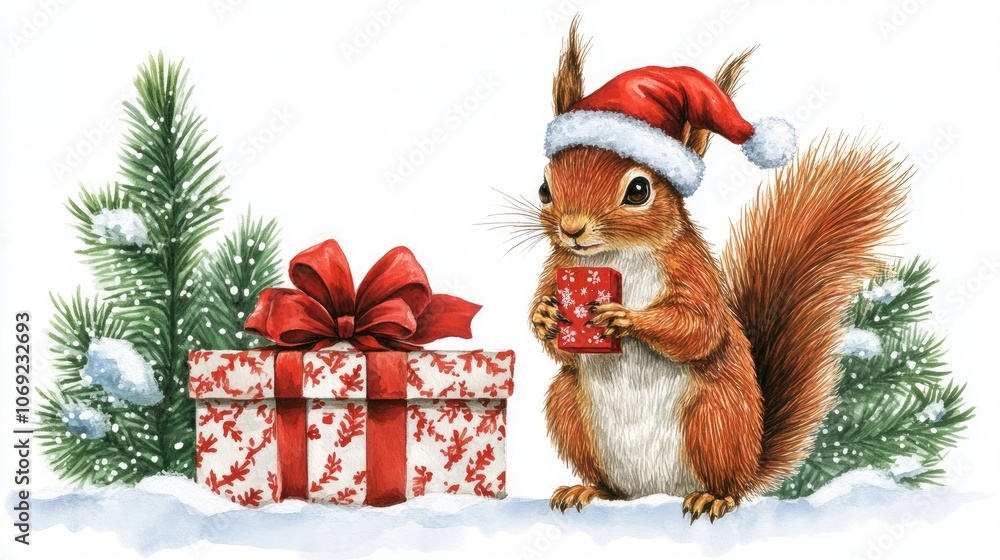 Squirrel in Santa Hat Holding Christmas Mug Squirrel in Santa Hat Holding Christmas Mug