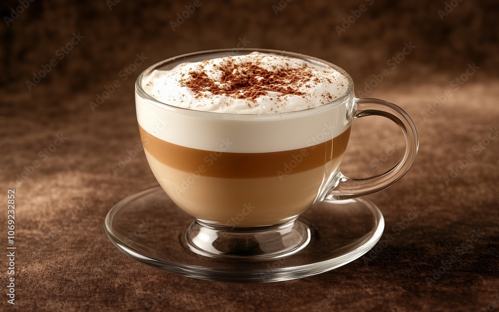 Glass cup of layered latte macchiato with frothy milk and cinnamon topping on a brown textured background. Coffee drink presentation. Design for poster, banner, and print. Glass cup of layered latte macchiato with frothy milk and cinnamon topping on a brown textured background. Coffee drink presentation. Design for poster, banner, and print.