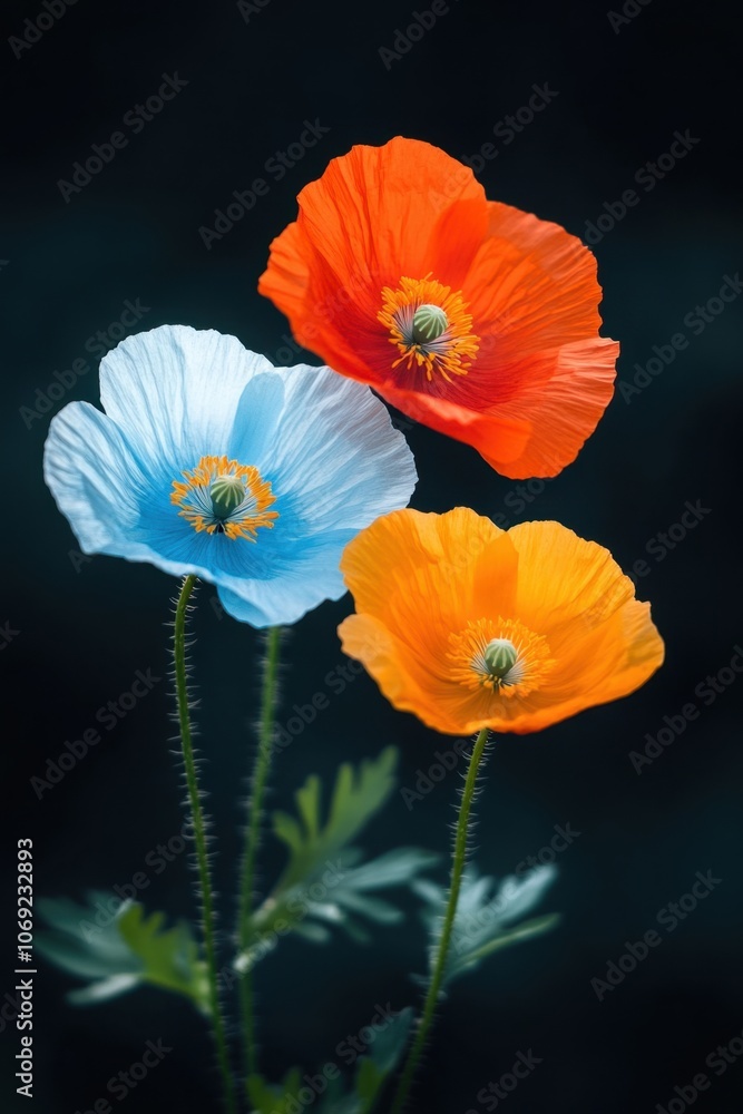 Fototapeta premium Vibrant poppies in various colors against a dark background
