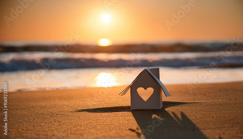 Miniature house with heart shape window. Sweet home concept. Family warmth, love and protection