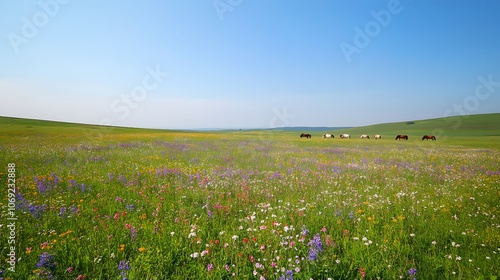 Quiet meadow with grazing horses amidst blooming wildflowers under a clear blue sky. A tranquil and picturesque scene capturing the essence of rural serenity. photo