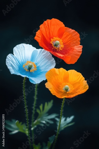 Vibrant poppies in various colors against a dark background