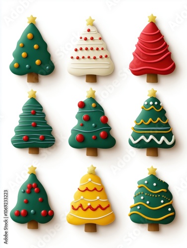 Decorative Christmas tree cookies arranged in a festive pattern with vibrant colors, perfect for holiday celebrations