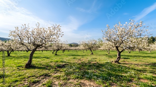 Quiet orchard with blossoming fruit trees, bees buzzing around, and a clear blue sky overhead. This idyllic scene captures the essence of a peaceful spring day in a thriving orchard.