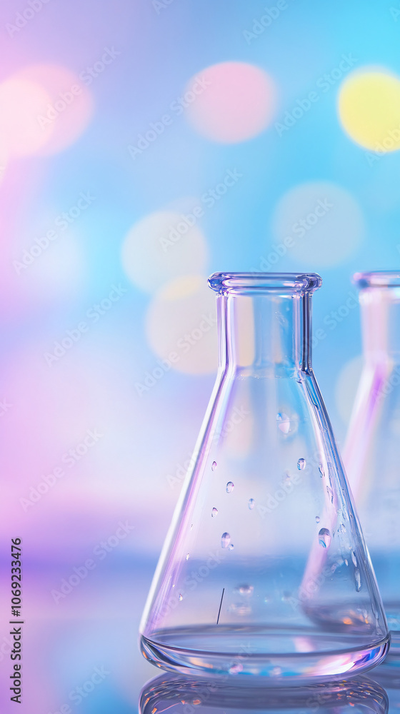 Erlenmeyer flask on reflective surface with colorful bokeh background Erlenmeyer flask on reflective surface with colorful bokeh background