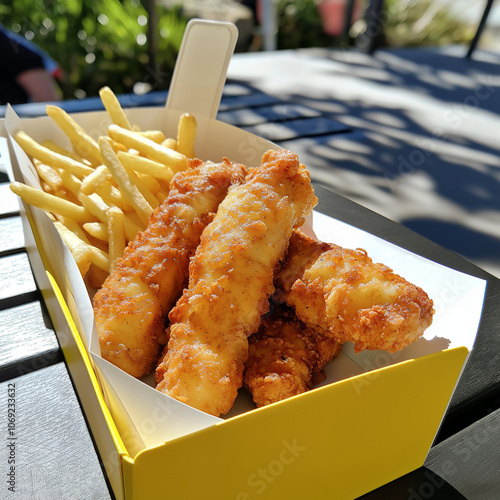 Goldgelbe, knusprig frittierte Hähnchensticks mit herzhaften Pommes Frites in stylischer Takeaway-Box. Fast Food Fotografie für Restaurant, Imbiss und Street Food Marketing photo