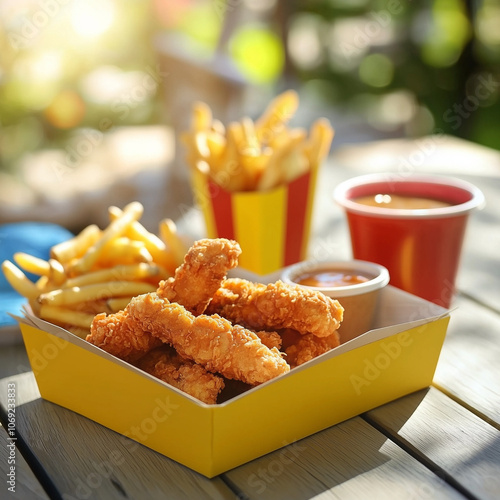 Goldgelbe, knusprig frittierte Hähnchensticks mit herzhaften Pommes Frites in stylischer Takeaway-Box. Fast Food Fotografie für Restaurant, Imbiss und Street Food Marketing photo