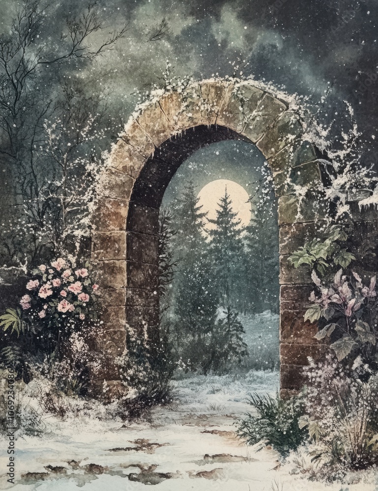 Fototapeta premium Calm Atmosphere Vintage Winter Forest with Stone Arch l Old Distressed Texture Dark Night Landscape in Nature l Trees under the Moonlight with Snowy Weather