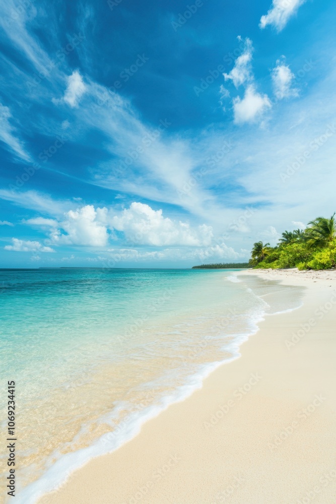 Stunning tropical beach with crystal clear turquoise waters and white sandy shore Stunning tropical beach with crystal clear turquoise waters and white sandy shore