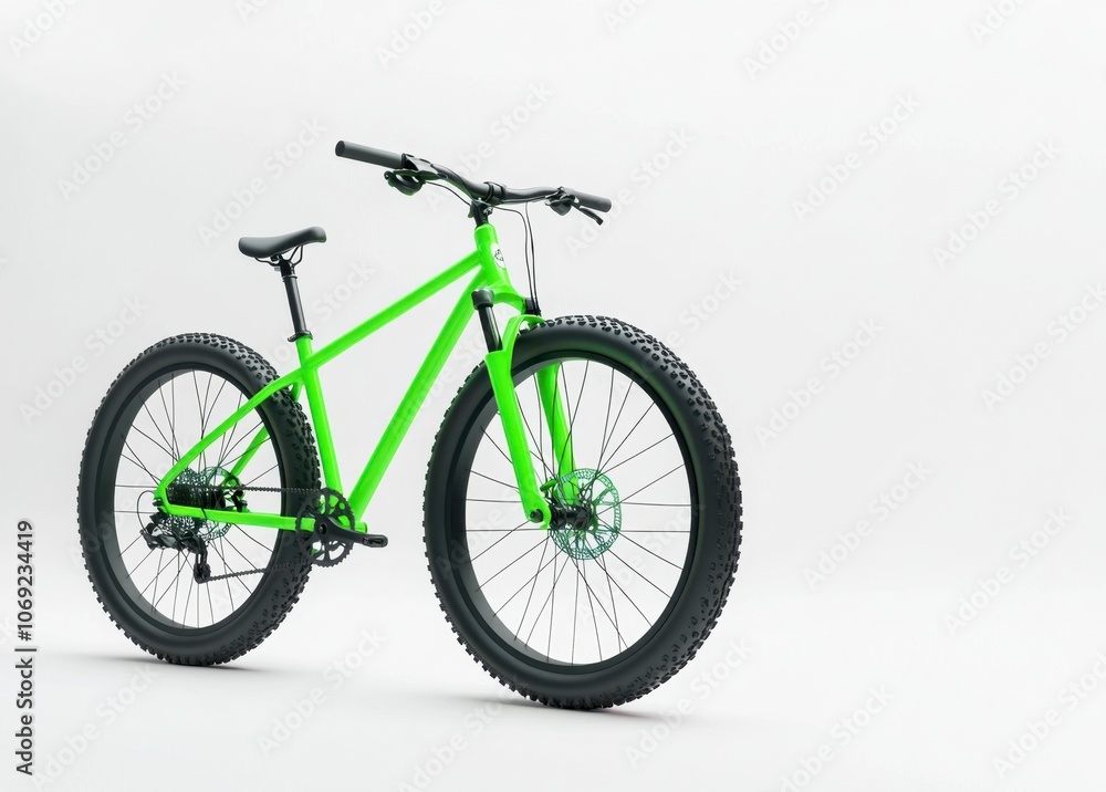 Vibrant green mountain bike with fat tires and disc brakes Vibrant green mountain bike with fat tires and disc brakes