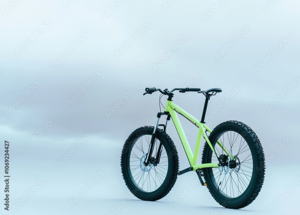 Vibrant green mountain bike against a misty background Vibrant green mountain bike against a misty background