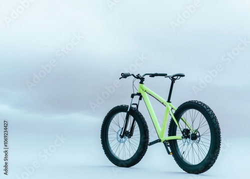 Vibrant green mountain bike against a misty background