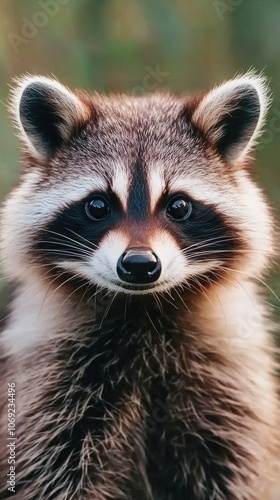 Capturing the gentle essence of a raccoon at ground level in vibrant natural light, showcasing its serene beauty in wildlife photography