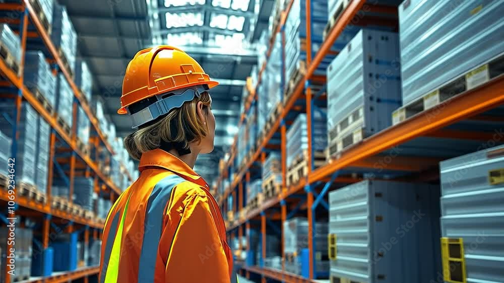 Warehouse worker in safety gear inspects racks in a large distribution center during the day Warehouse worker in safety gear inspects racks in a large distribution center during the day