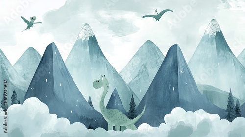 Adorable hand-drawn illustration featuring towering mountains and playful dinosaurs, all rendered in a charming Scandinavian style. The serene mountain landscape, complete with fluffy clouds