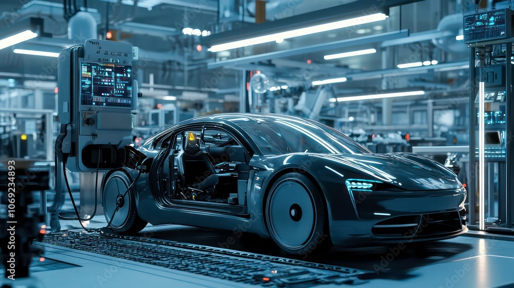 Electric car plugged in to a charger, lab equipment, car factory assembly line in the background. Concept of Electric Cars and Manufacturing Efficiency. Electric car plugged in to a charger, lab equipment, car factory assembly line in the background. Concept of Electric Cars and Manufacturing Efficiency.