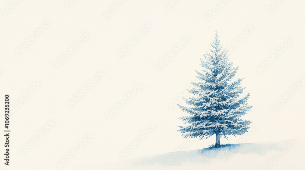 Solitary snow-covered pine tree in a tranquil, foggy winter landscape, depicted in soft watercolor tones, evoking calm and serenity Solitary snow-covered pine tree in a tranquil, foggy winter landscape, depicted in soft watercolor tones, evoking calm and serenity
